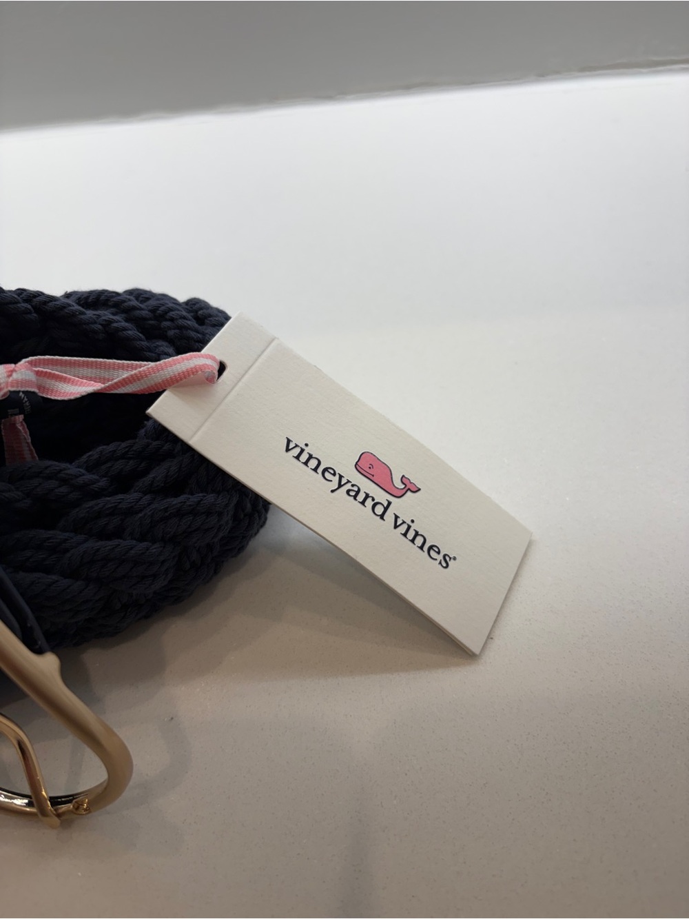 Vineyard Vines Navy Braided Rope Belt with Pink Tag and Gold Buckle